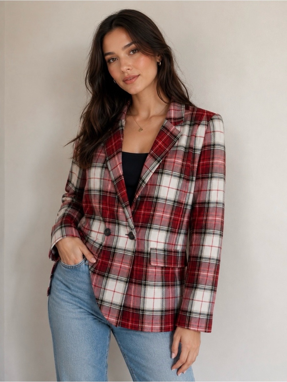 H&M Red White Plaid Double-Breasted Blazer